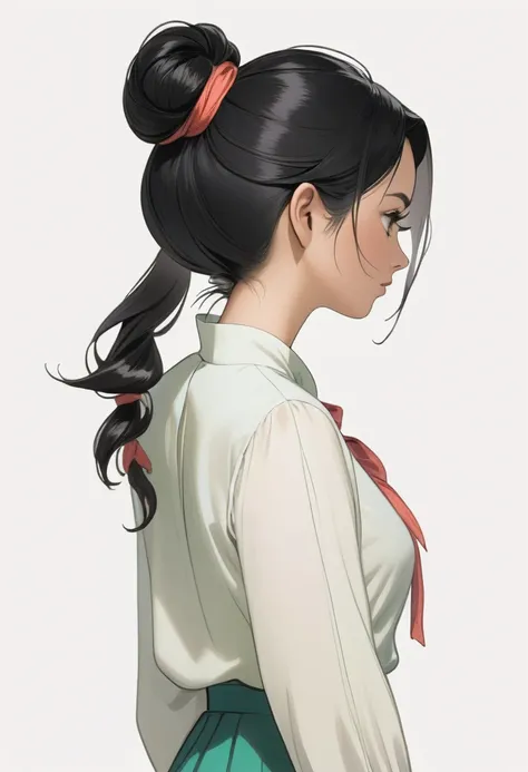 A 25-year-old black-haired Malaysian woman from head to foot. White background, hair tied up at the top of the neck. Light colors, colored pencil drawings, white blouse, back view. Sad.