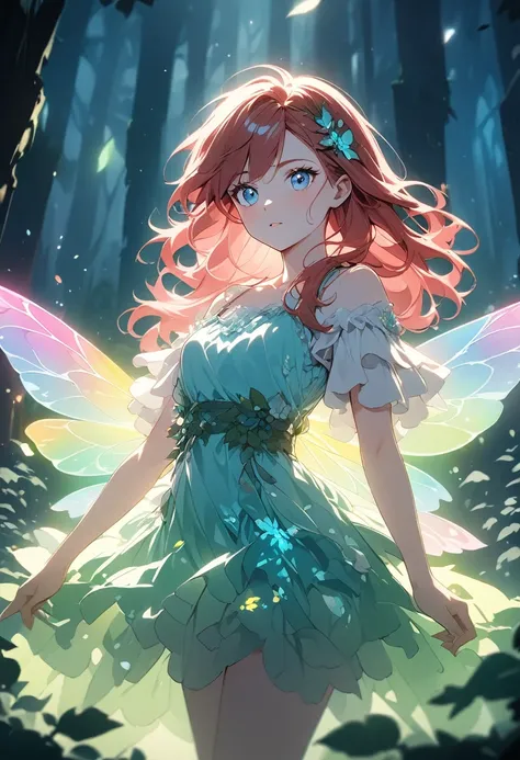 Rose Leslie Woman as a Fairy,(Very detailed:1.2),(Highest quality:1.2),(8K:1.2),Sharp focus,(Scattered beneath the surface:1.1),Award-winning photo,Professional portrait photography,(Close-up shot:1.1) (A glowing bioluminescent forest:1.2),Rainbow fairy wi...