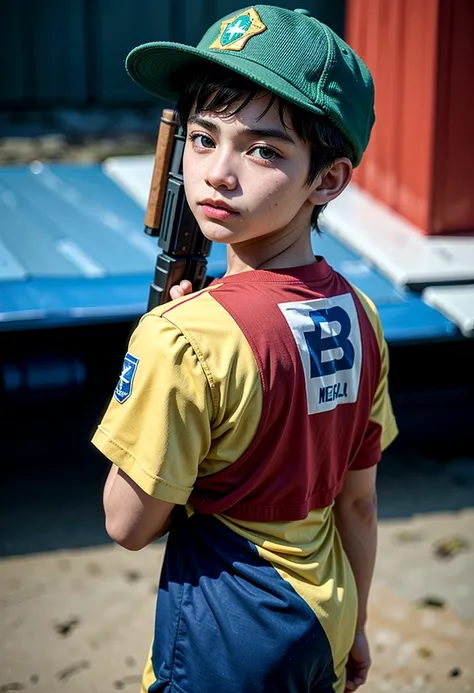 Favela with Brazilian flag, Boy with gun and Disney style team shirt, pixar style render illustration Super Detail, 8k Brasil Fação Boy with hat on his back