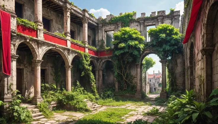 an old city with ruins and over grown plants and trees,   there is a large border (the border is red ) around it  like a cupe you see it from the side. 