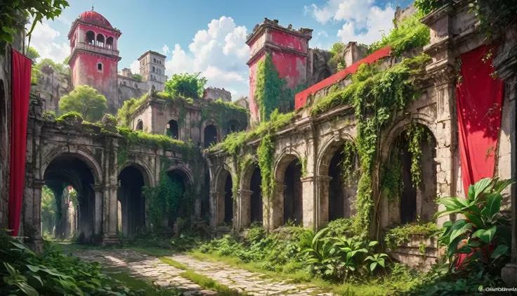 an old city with ruins and over grown plants and trees,   there is a large border (the border is red ) around it  like a cupe you see it from the side. 