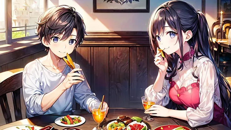 1mother、1son,(((Parent and 、Highest quality、Masterpiece、Official Art、The best dynamic composition)))、(detailed)、Anime Style、A little boy and his mother are happily eating together in the dining room、smile、Sparkling、Heartwarming、