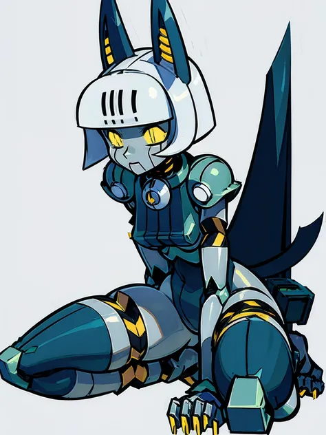 (masterpiece), best quality, mechanical girl, robotic body, mecha, cat ears, metal body, naked metal body, grey body, full body, white background