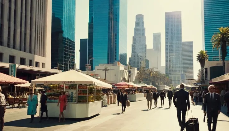 middle ground camera view of different beautiful people walking in a pedestrian street in a megacity at morning time wearing eielegant, sexy and futuristic clothes., in the heart of the dysoptian futuristic megacity there are street vendors, candelabra, be...