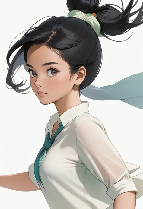 A 25-year-old black-haired Malaysian woman from head to foot. White background, hair tied up at the top of the neck. Light colors, colored pencil drawings, white blouse, running.