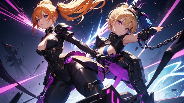 She has red eyes and blonde hair and a side ponytail hairstyle., adorned with an orange blossom accessory. The costume is futuristic and militaristic, with black and blue details, including gloves, high boots and pieces that look like armor. There are chai...