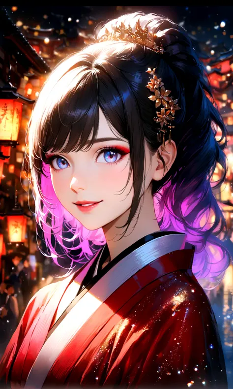 Kyoto, kimono,Maiko makeup,Blur the background,young woman,smile,Glitter effect,Highest quality,8K, High resolution, masterpiece:1.2, Very detailed, Realistic:1.37, High resolution, 超High resolution, Ultra-fine painting, Very detailedな, Vibrant colors