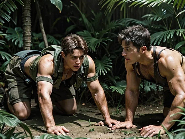 ((( male character and a group of men - a young adult male explorer with messy brown hair and tight erotic expedition jungle out...