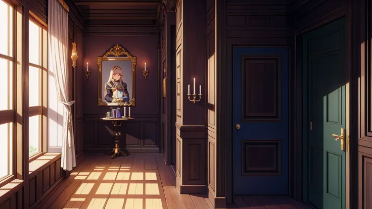 Corridor of a medieval noblemans mansion,masterpiece,game CG,アニメ,Unmanned, No human,background,,,Wooden, indoor, house, 