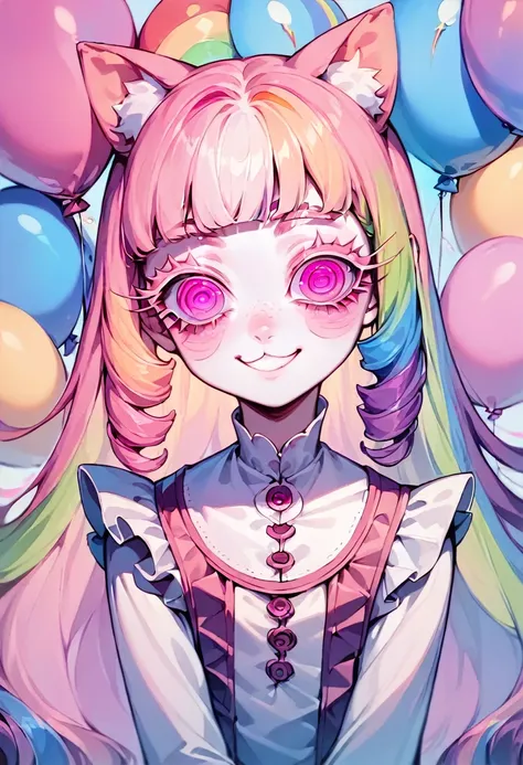 1 girl,  cat ears, long pink hair, bangs, ((rainbow hair color, pink eyes, bright rainbow colors theme balloons, very long eyelashes, fluorescent eyes, bright eyes)), silky hair, girly, (love, loving face, delighted expression, smile), frills, looking at v...