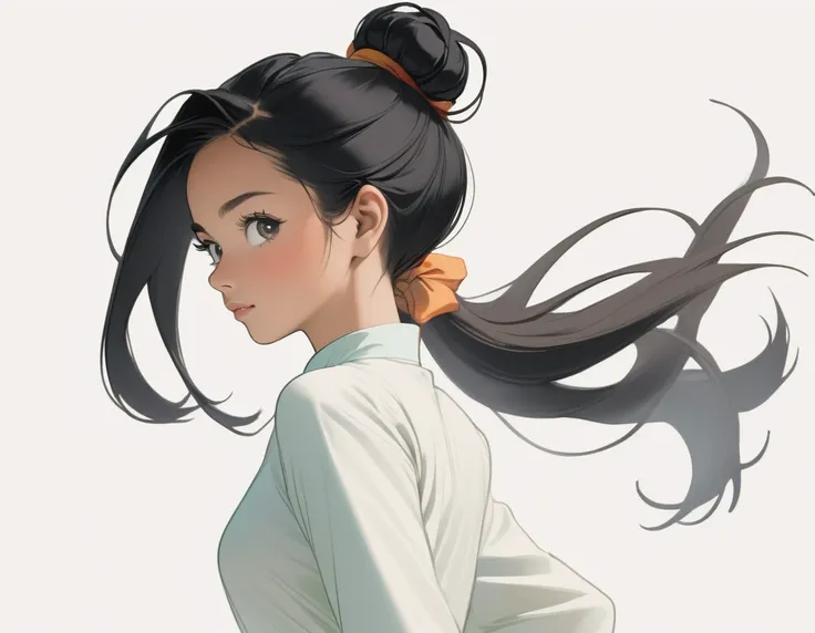 A 25-year-old black-haired Malaysian woman from head to foot. White background, hair tied up at the top of the neck. Light colors, colored pencil drawings, white blouse, running.