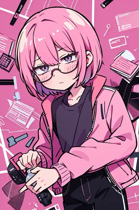 black pants, Sharp image, man, pink hair, wearing a pink jacket. , has a dull, bored face, wears round glasses, has short, neat hair,