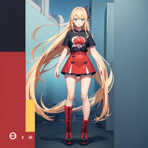 A full-body anime vtuber girl with long blond hair, blue eyes, wearing a t shirt, a red belted miniskirt and high boots. With simple background and outlined design to subdivide the body.