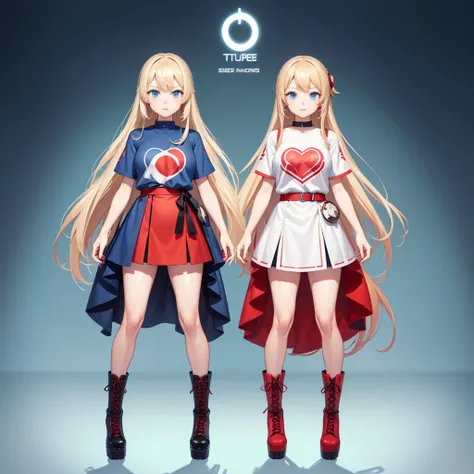 A full-body anime vtuber girl with long blond hair, blue eyes, wearing a t shirt, a red belted miniskirt and high boots. With simple background and outlined design to subdivide the body.