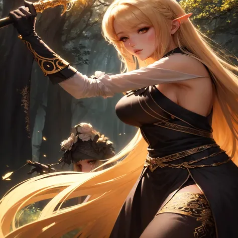 femme aux cheveux blonds dans une robe noire tenant une épée dans une forêt, WLOP et Sakimichan, 2. oeuvre fantastique d&#39;anime cgi 5 d, Aly Fell et Artgerm, wlop et artgerm, Ruan Jia et Artgerm, artgerm et wlop, Wlop et Ross Tran, artiste artgerm i et ...