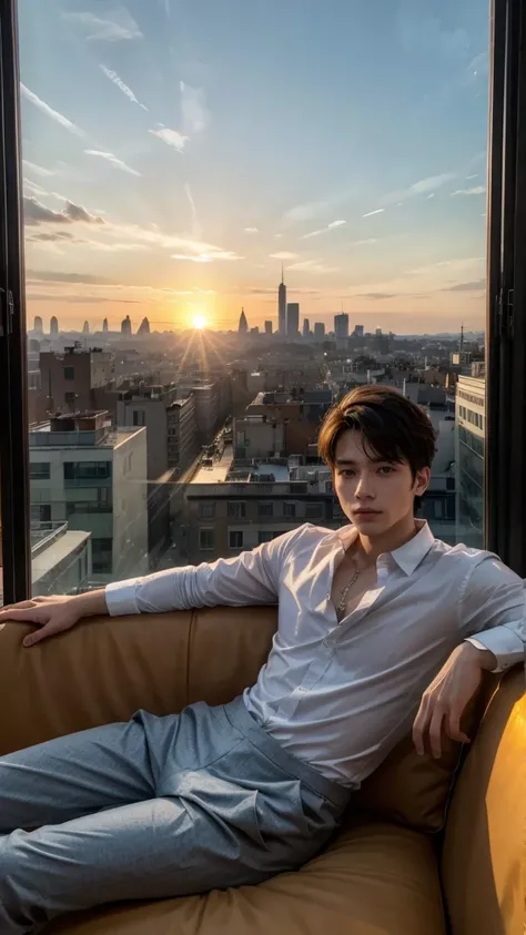 Make a man, wearing a modest outfit sitting on a sofa in the background of a window with a lovely view of the city by sunrise