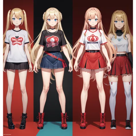 A solo full-body anime vtuber girl with long blond hair, blue eyes, medium breasts, wearing a t shirt, a red belted miniskirt and high boots. With simple background and outlined design to subdivide the body.