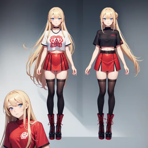 A solo full-body anime vtuber girl with long blond hair, blue eyes, medium breasts, wearing a t shirt, a red belted miniskirt and high boots. With simple background and outlined design to subdivide the body.