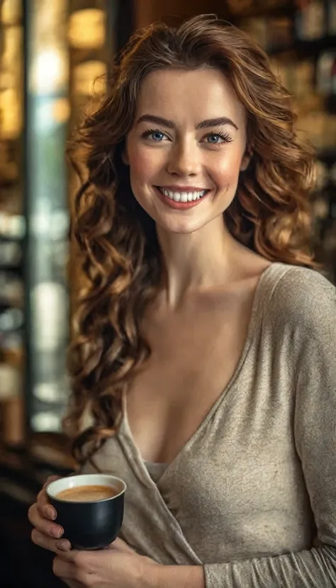 A stunning young Scottish adorable woman, standing in corner coffee with elegantly, by Neal Adam, detail face (lip and eyes) by Armstrong and Jay Anacleto, candid smile, (wrinkle, blemish, skin pore) medium wide, low angle, super high quality image
