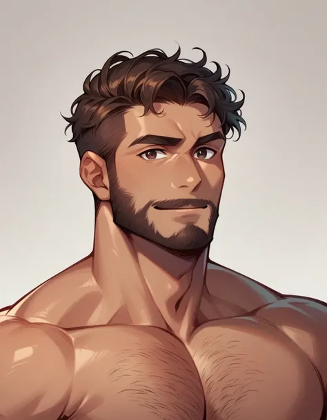 A man, Handsome, handsome and attractive, short curly dark brown hair, dark brown eyes, short, curly dark brown beard, muscular and masculine body, beautiful in the chest, light smile, friendly and warm expression and a 7 inch cock