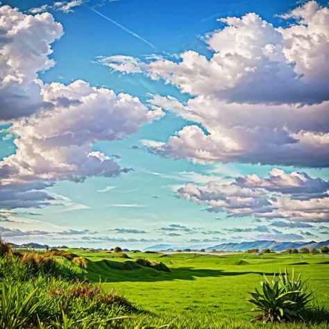 8k resolution grassland, blue sky, white clouds, scorching sun