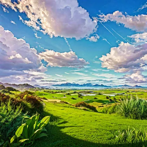 8k resolution grassland, blue sky, white clouds and bright sunshine