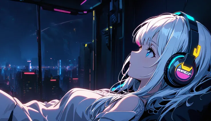 Handsome cute, Solitary, 1 female, Medium Length Hair, white hair, Rainbow hair, blue Eyes, Rainbow headphone, knit dress, Futuristic, Cyberpunk, Cybernetics panoramic, in the night, looking away, lie on ones back