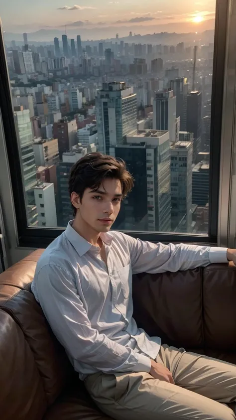 Make a man, wearing a modest outfit sitting on a sofa, background a window with a beautiful view of the city of Sao Paulo, at sunrise