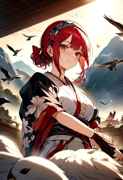 Masterpiece, Best Quality,1 girl, red bow, bow, wide, hair bow, Ropa ainu, Alone, hair band, bird, black fur, fingerless gloves, short sleeves, gloves, Wad of bills, pants, hits, red hair band, weapon, chest, Brown eyes, white pants, kimono, confused, ligh...