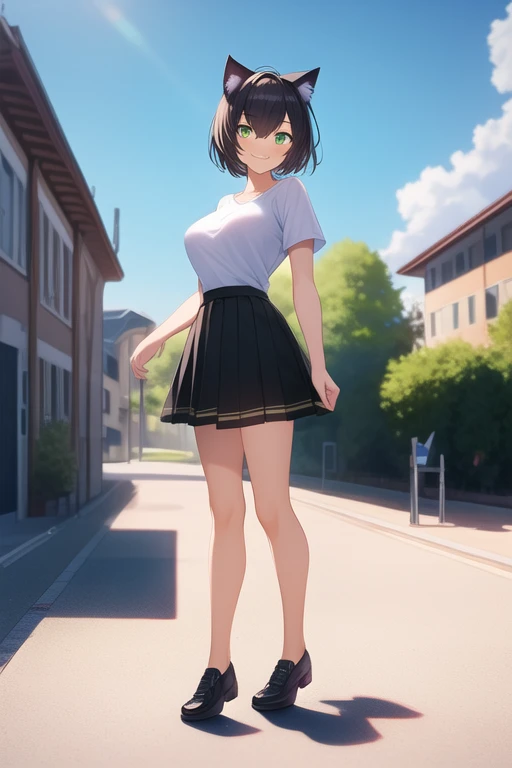 ((best quality)), ((masterpiece)), (detailed), 1girl, medium sized breasts, feminine short hair, black hair, gorgeous women, cat ears, green eyes, vertical slit pupils, medium sized skirt, black skirt, female t-shirt, white shirt, university campus backgro...