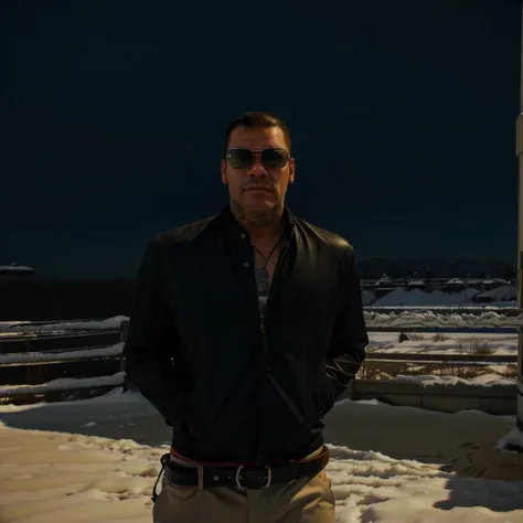 there is a man standing in the snow wearing sunglasses, gta 5 artwork style, style of gta v, gta v character, gta 5 mexican skin...