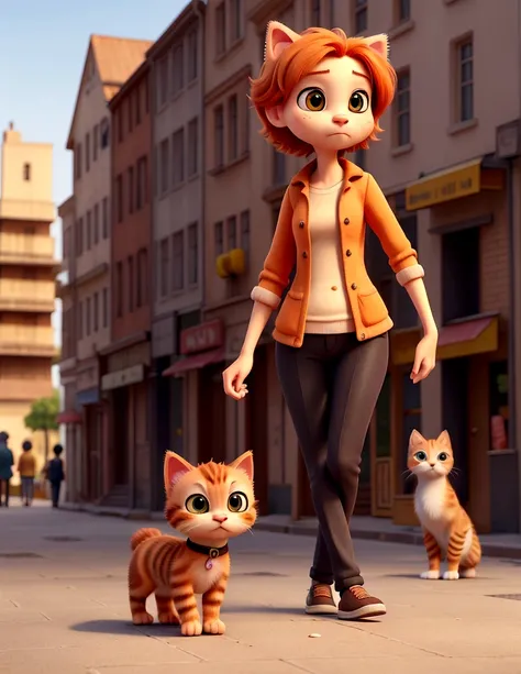 An orange kitten, thin and frail, with sad eyes, walks alone down a bustling street. In the background, people rush by without noticing the little kitten.