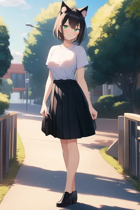 ((best quality)), ((masterpiece)), (detailed), 1girl, medium sized breasts, feminine short hair, black hair, gorgeous women, cat ears, green eyes, vertical slit pupils, medium sized skirt, black skirt, female t-shirt, white shirt, short shirt, university c...