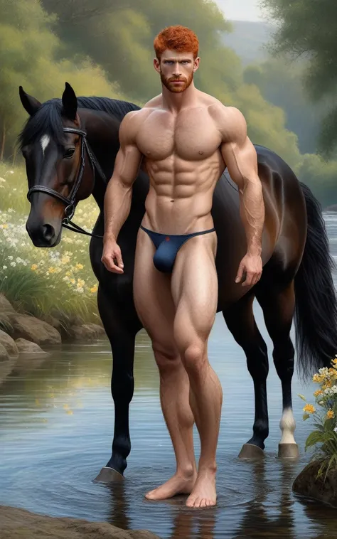 ((1 man full body NAKED,SQUATING NEXT TO A BLACK HORSE)) (front view )),
In henry scott tuke and Peter Paul Rubens art style, ultra detailed, ultra realistic, ambient lighting, becoming the subject composition, soft neutral colors, perfect components layou...