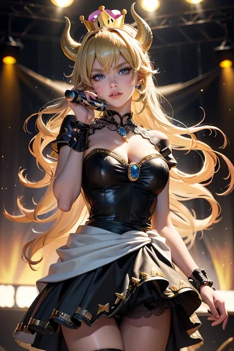 Bowsette, ornament hair, crown, horns, perfectly body, perfectly hands, wave hair, blonde hair, long hair, blue eyes, black dress, more details on her clothes, black dress with gold details, night, ornament hair, long hair, 1 girl, Looking at the audience,...