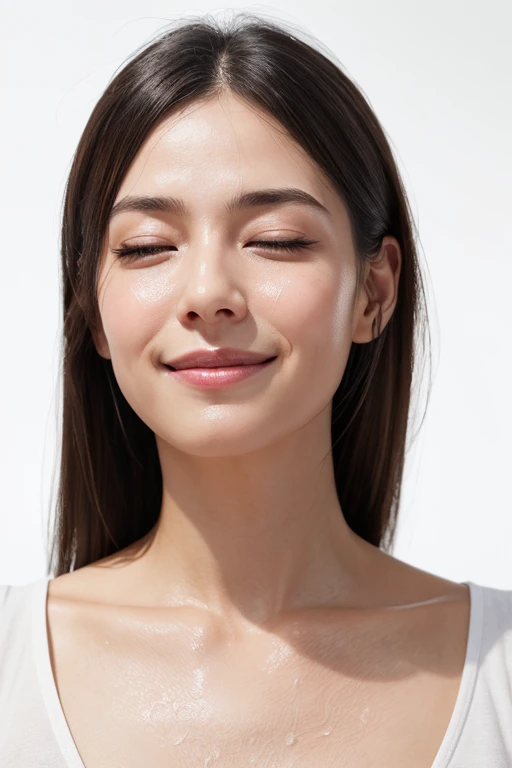 (photo Realistic:1.4), (hyper Realistic:1.4), (Realistic:1.3), (High resolution,High resolution,Sharp focus,8K)(Keep your eyes focused, Nose and mouth,Face Focus,) Woman with open mouth and closed eyes, 、Age 35,Black-haired、Symmetrical face,Realistic nostr...