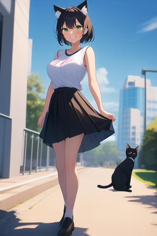 ((best quality)), ((masterpiece)), (detailed), 1girl, medium sized breasts, feminine short hair, black hair, gorgeous women, cat ears, green eyes, vertical slit pupils, medium sized skirt, black skirt, female t-shirt, white shirt, short shirt, sleeveless s...