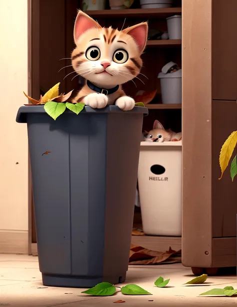 The kitten searches around a trash bin, finding nothing but scraps and a wilted leaf.