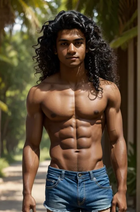 - bare arms close to the body - Indian - skin tanned by the sun - half-naked body - black hair in ringlets on the shoulders - young - slender - does not smile - developed muscles - dark eyes - ragged shorts - mestizo