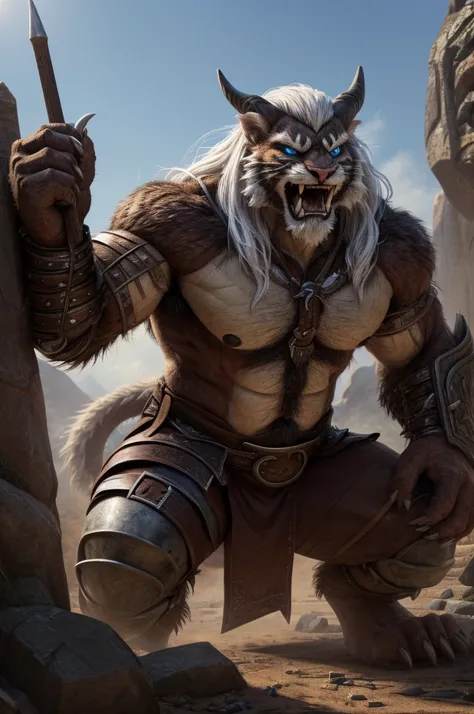 head、Animal cat face、A pair of dragon horns，Fluffy white hair all over the body、Heavy breathing、Gnashing of teeth,Serious expression,Fluffy belly、Leather Armor，Viking style，wildcat、blue eyes，(contour）The whole body is covered with long white hair、Hairy bod...