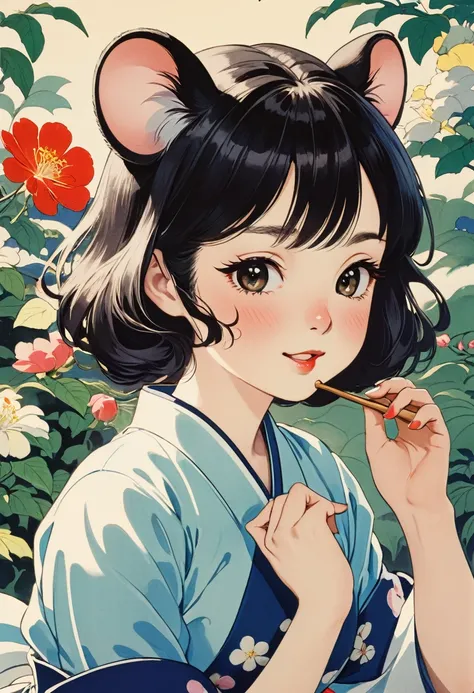 (Ito Shinsui style:1.2) , Hallucination, daydream , nightmare , Insane Dream , bokeh , erotica , romance , realistic mouse nymph and realistic cat , Taisho period waitress uniform , Petals fluttering down , Single eyelids, round nose, swollen cheeks , glos...