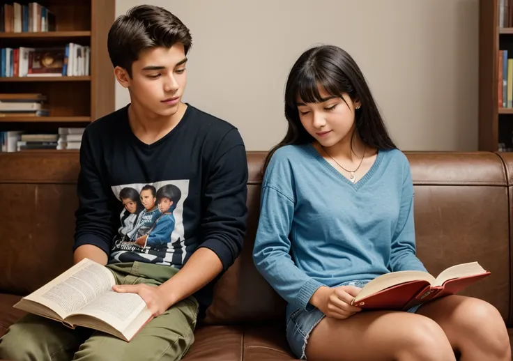 A 20-year-old boy is sitting next to a girl reading a book and looking at the girl.