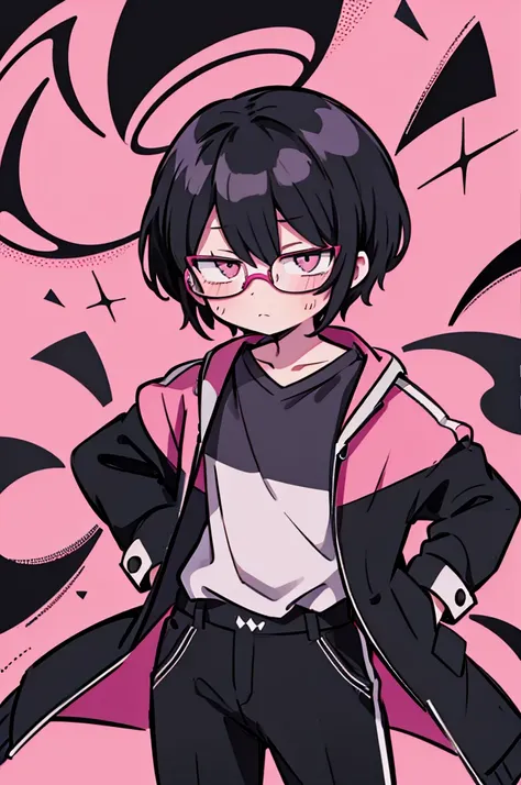 black pants, Sharp image, man, Black hair with pink ends, wearing a pink jacket. , has a dull, bored face, wears round glasses, has short, neat hair,