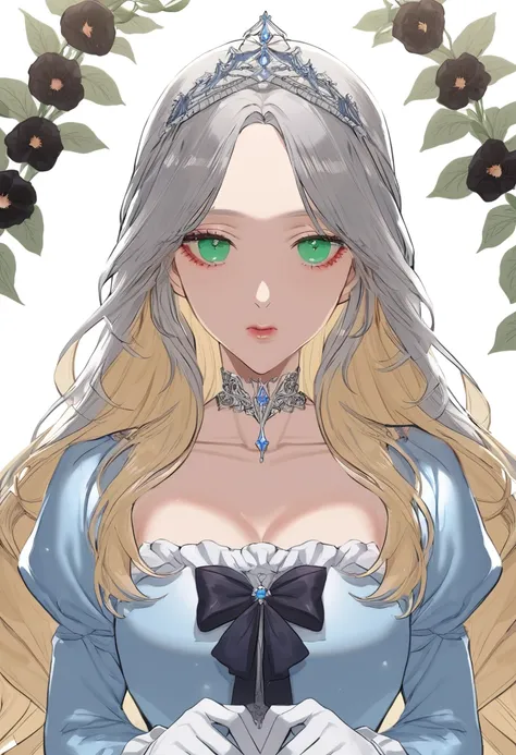 sexy-style, floral background, romance manhwa, (2girls, aligned), silver hair, blonde hair, solo, long hair, flower, dress, tiara, white dress, gloves, long sleeves, choker, green eyes, red eyes, mascara, makeup, white gloves, black bow, black flower, wavy...