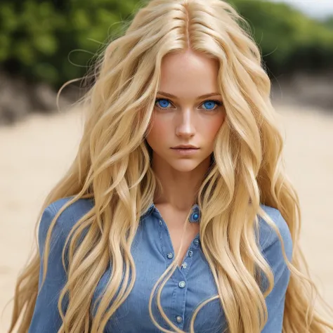 photography of blonde woman with blue eyes, long hair, cheveux long et wavy 