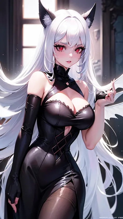 A beautiful girl with cat ears, a furry cat tail, and long white hair, wearing a gothic dress. She has a white furry tail with a brown tip, bat wings, and red eyes. Her slender body has large breasts. (best quality,4k,8k,highres,masterpiece:1.2),ultra-deta...