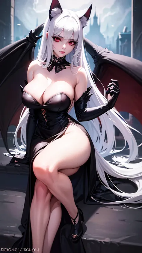 A beautiful girl with cat ears, a furry cat tail, and long white hair, wearing a gothic dress. She has a white furry tail with a brown tip, bat wings, and red eyes. Her slender body has large breasts. (best quality,4k,8k,highres,masterpiece:1.2),ultra-deta...