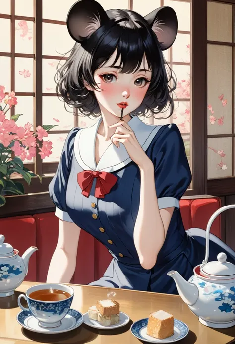 (Ito Shinsui style:1.2) , Hallucination, daydream , nightmare , Insane Dream , bokeh , erotica , romance , realistic mouse nymph and realistic cat , Taisho period waitress uniform , Petals fluttering down , Single eyelids, round nose, swollen cheeks , glos...