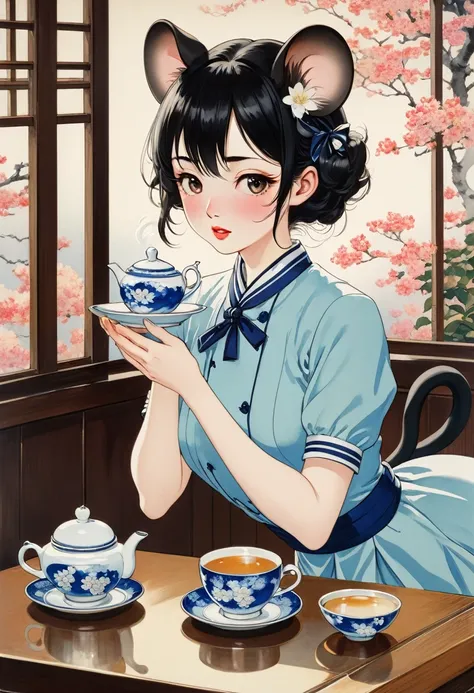 (Ito Shinsui style:1.2) , Hallucination, daydream , nightmare , Insane Dream , bokeh , erotica , romance , realistic mouse nymph and realistic cat , Taisho period waitress uniform , Petals fluttering down , Single eyelids, round nose, swollen cheeks , glos...