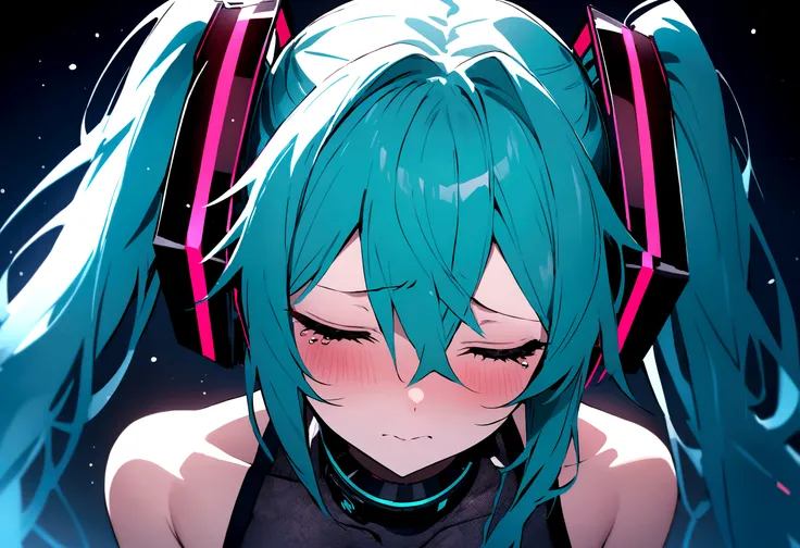 (((​masterpiece, hatsune miku, vocaloid, Super detailed、Digital Cage、Sad face、Sad